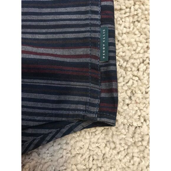 Perry Ellis Mens Button Down Shirt Dress Shirt Size XL Striped Dark Long Sleeve - Picture 8 of 9